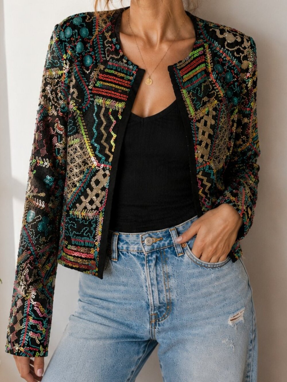 BB Dakota Sequin Embellished Mesh Cropped Statement Jacket XS